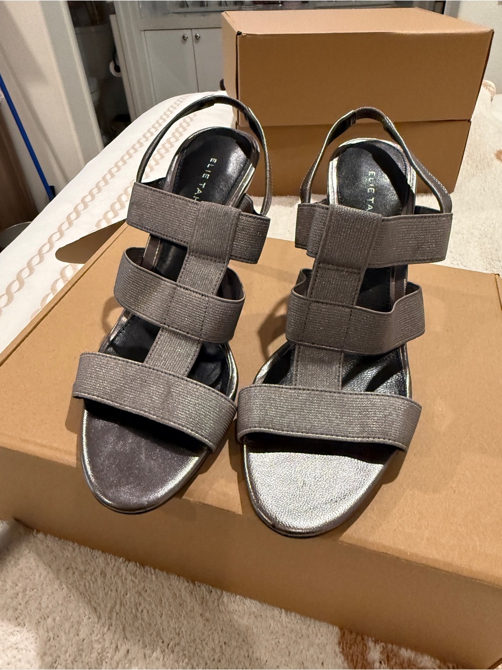 Metallic Gray Strappy Slingback Sandals